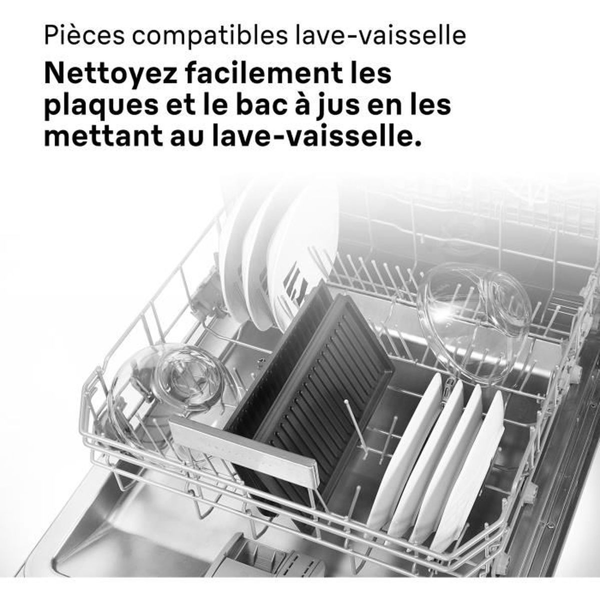 Dishwasher rack with plates, glasses, and a grill plate inside.