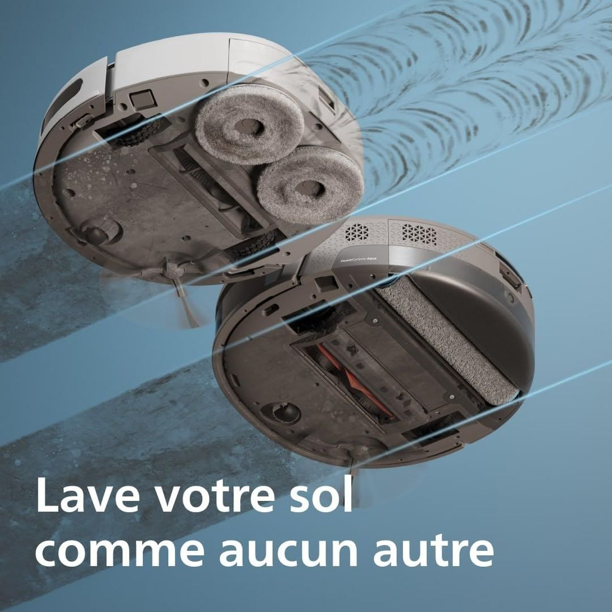 Dwa roboty sprzątające czyszczą podłogę obrotowymi szczotkami i mopami.