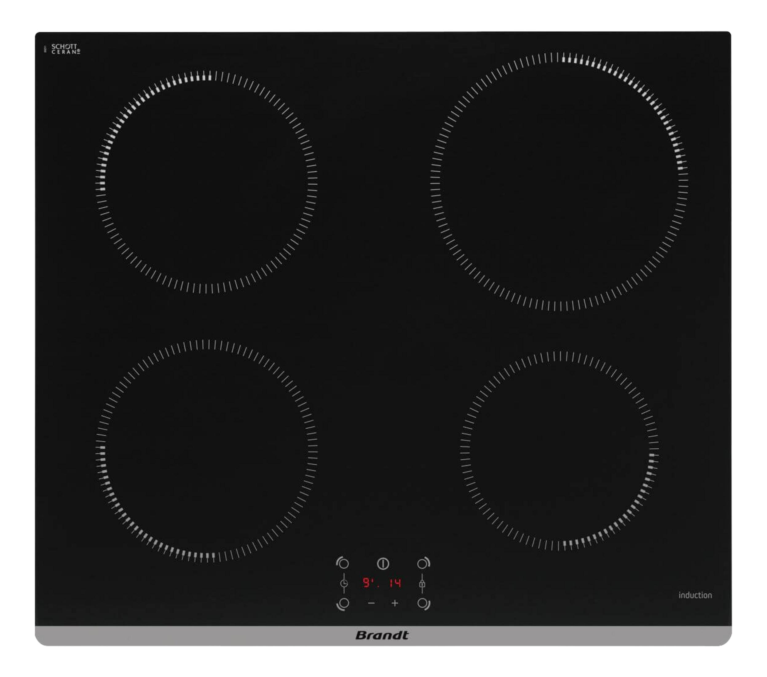 Czarna płyta indukcyjna z czterema strefami gotowania i cyfrowym wyświetlaczem.