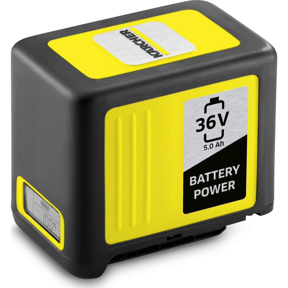 Czarno-żółta bateria Kärcher, 36V, 5.0 Ah, z wskaźnikiem naładowania 100%.