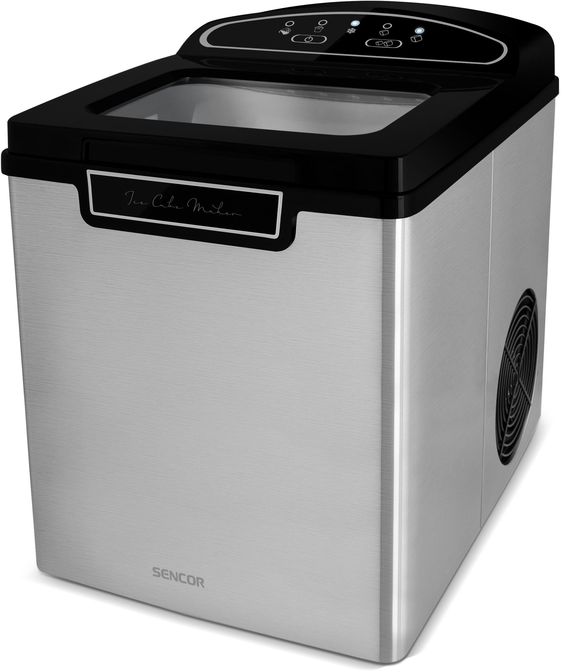 Macchina per cubetti di ghiaccio argentata con coperchio e pannello neri.