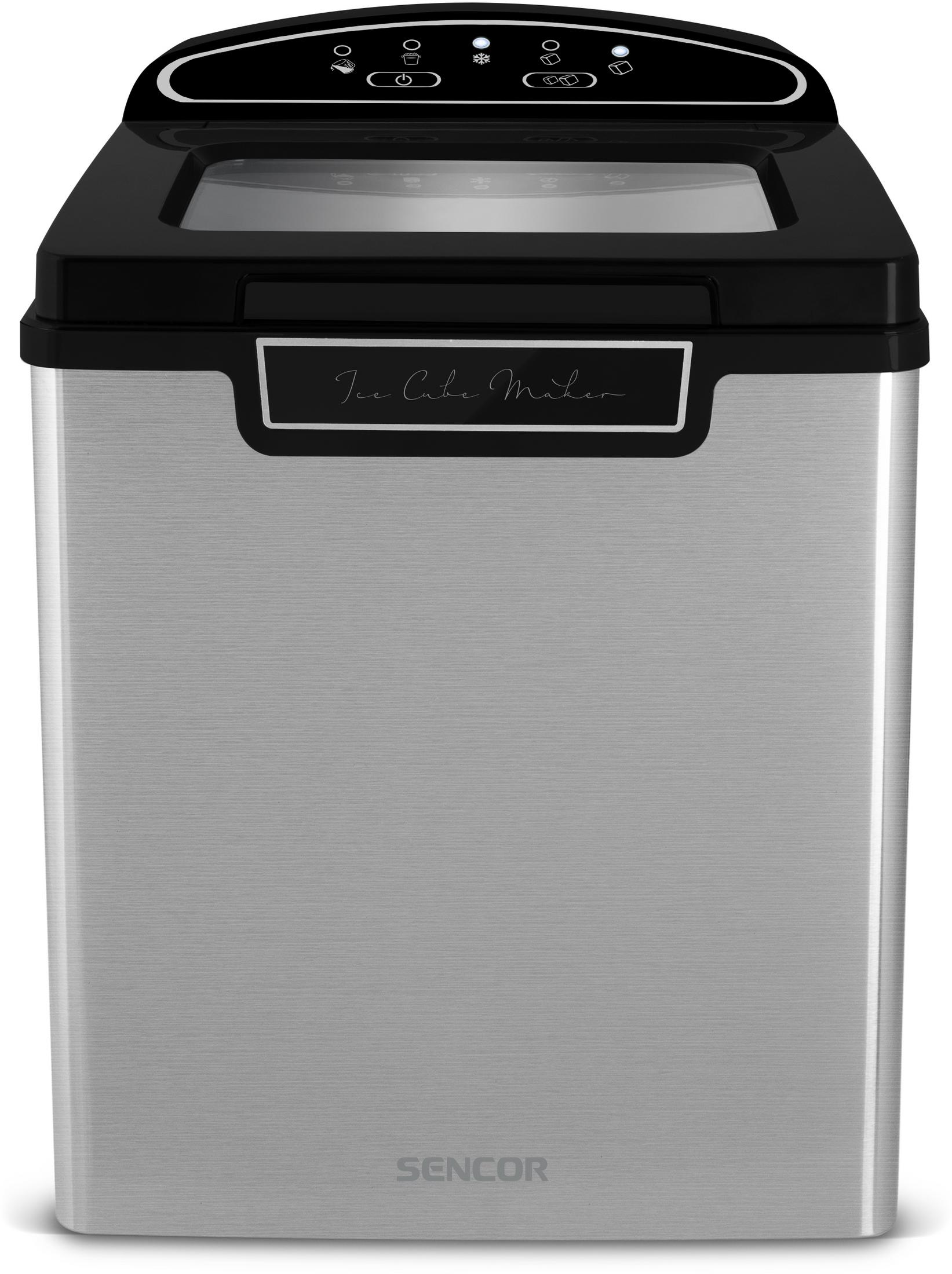 Macchina per cubetti di ghiaccio in acciaio inox con coperchio nero.
