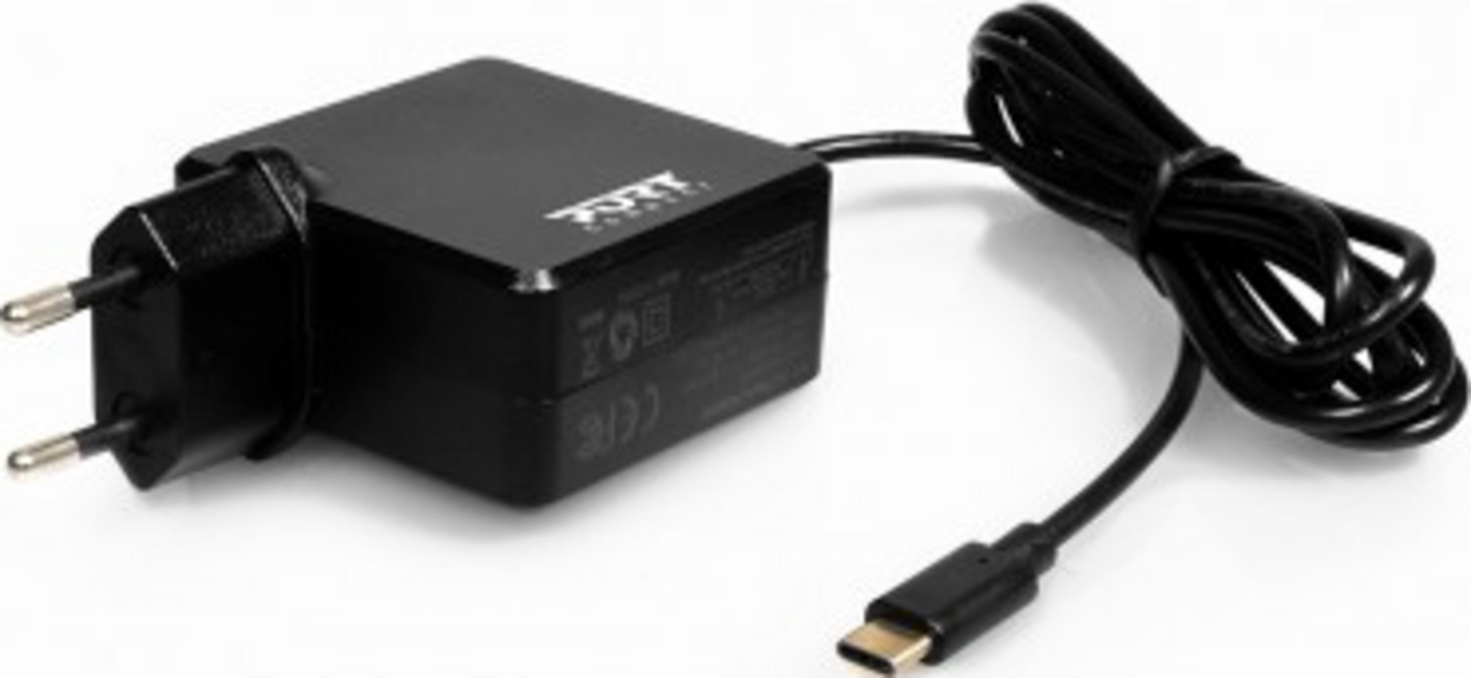 Adattatore caricabatterie USB-C nero con pin di spina UE pieghevoli.