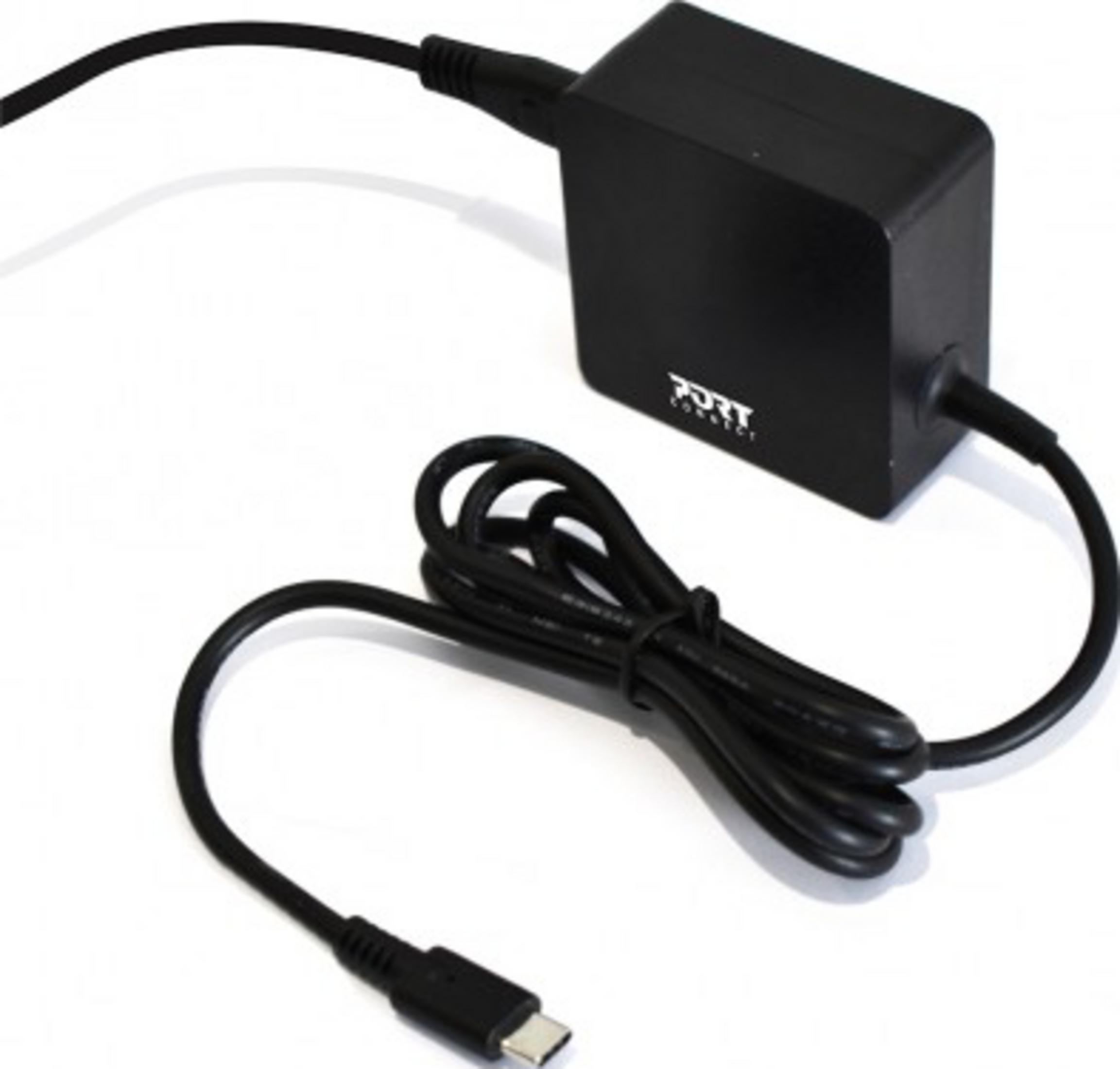 Blocco caricatore USB-C nero con cavo arrotolato e connettore.