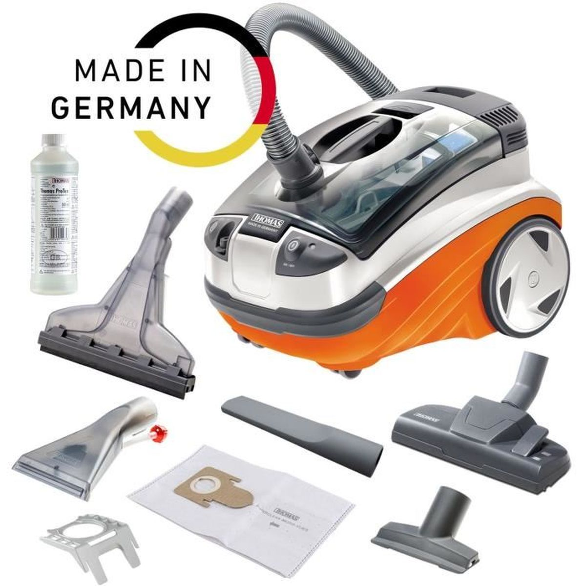 Ein oranger und weißer Staubsauger mit Zubehör und "Made in Germany"-Logo.