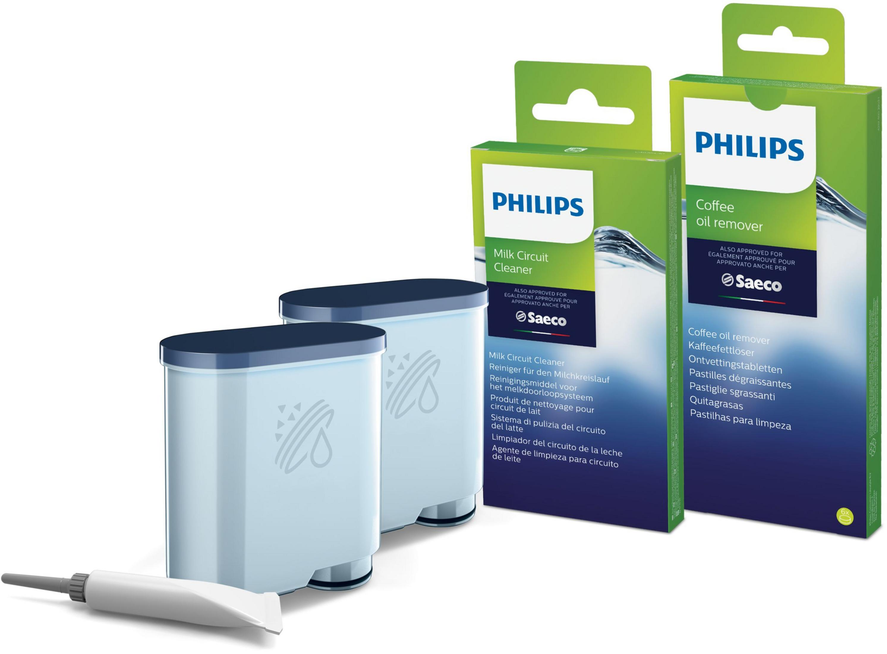 Zwei Philips Milchsystemreiniger und Kaffeeölentferner-Packungen mit blauen Behältern.