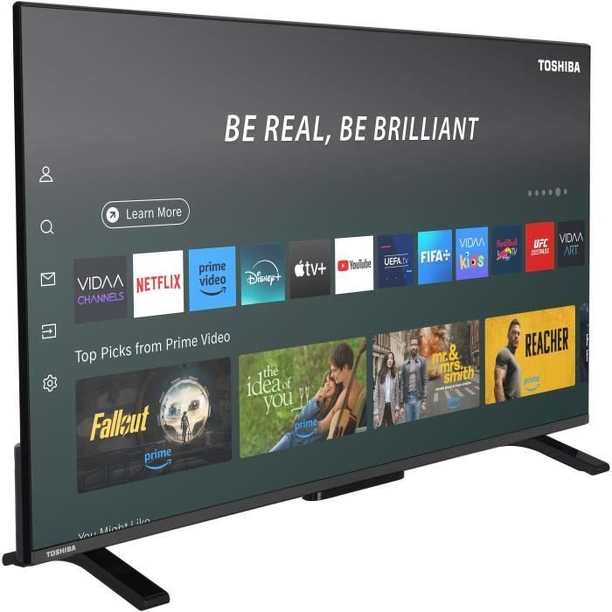 Toshiba TV toont streaming-apps en filmposters. Met de slogan 'Be Real, Be Brilliant'.
