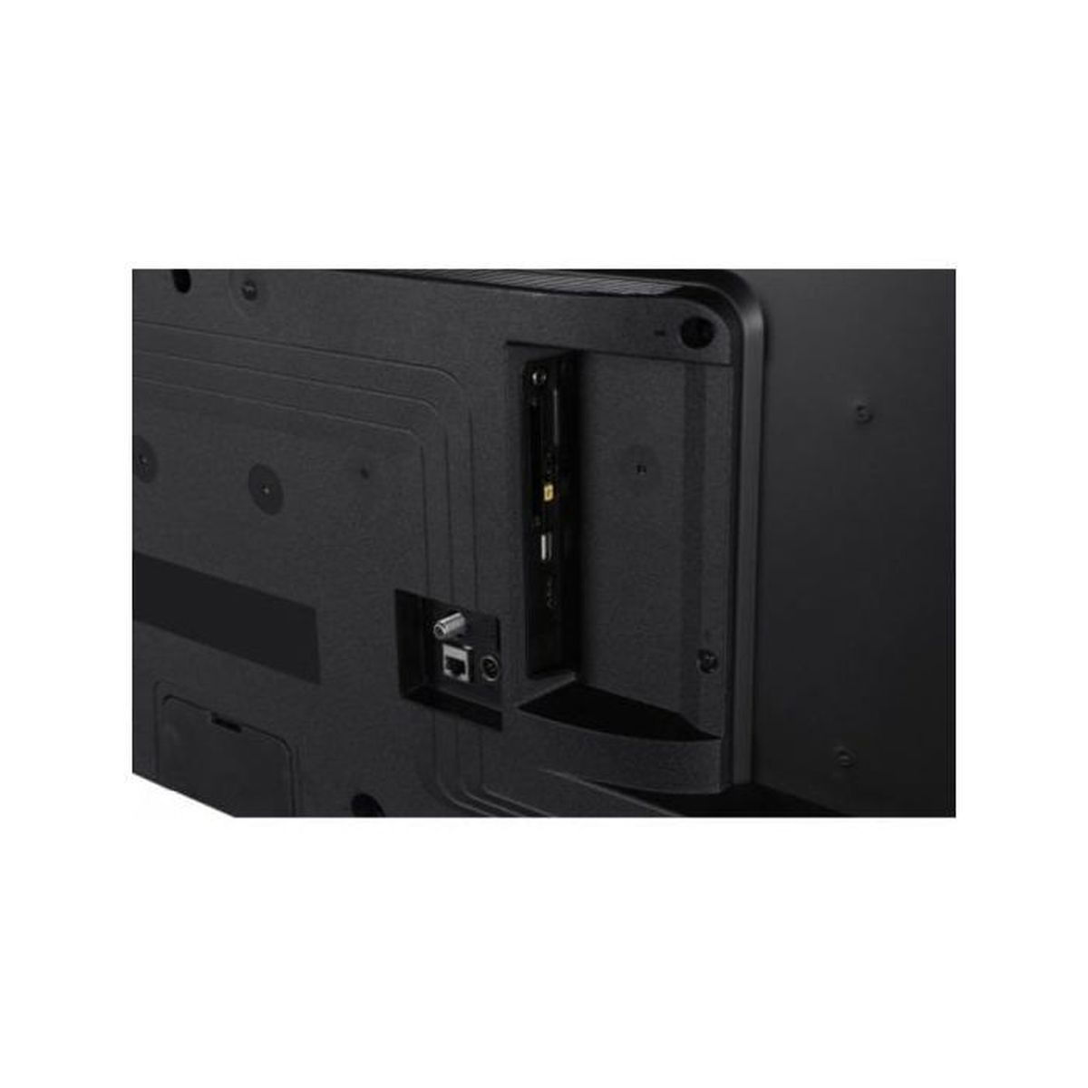 Achterkant van een zwarte televisie met HDMI- en USB-poorten.