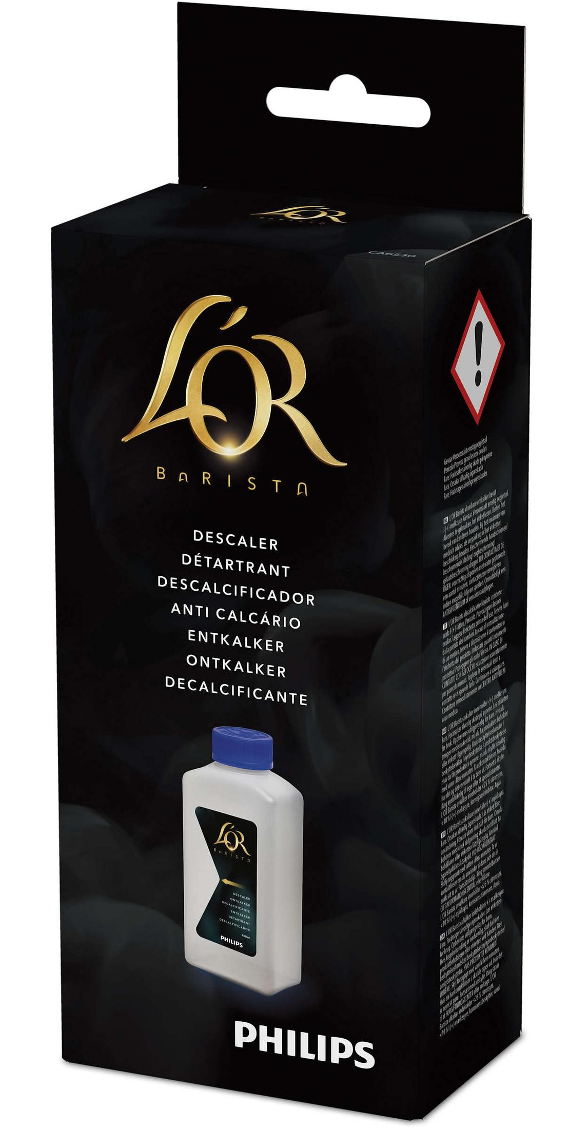 Scatola nera con logo LOR Barista dorato e una bottiglia di decalcificante.