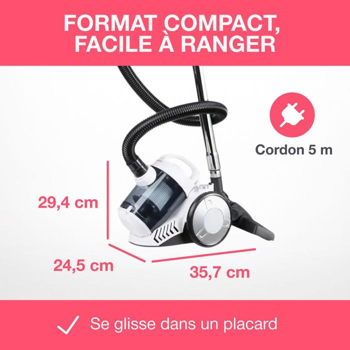 Aspiradora compacta con cable de 5m. Dimensiones: 35,7x24,5x29,4 cm.