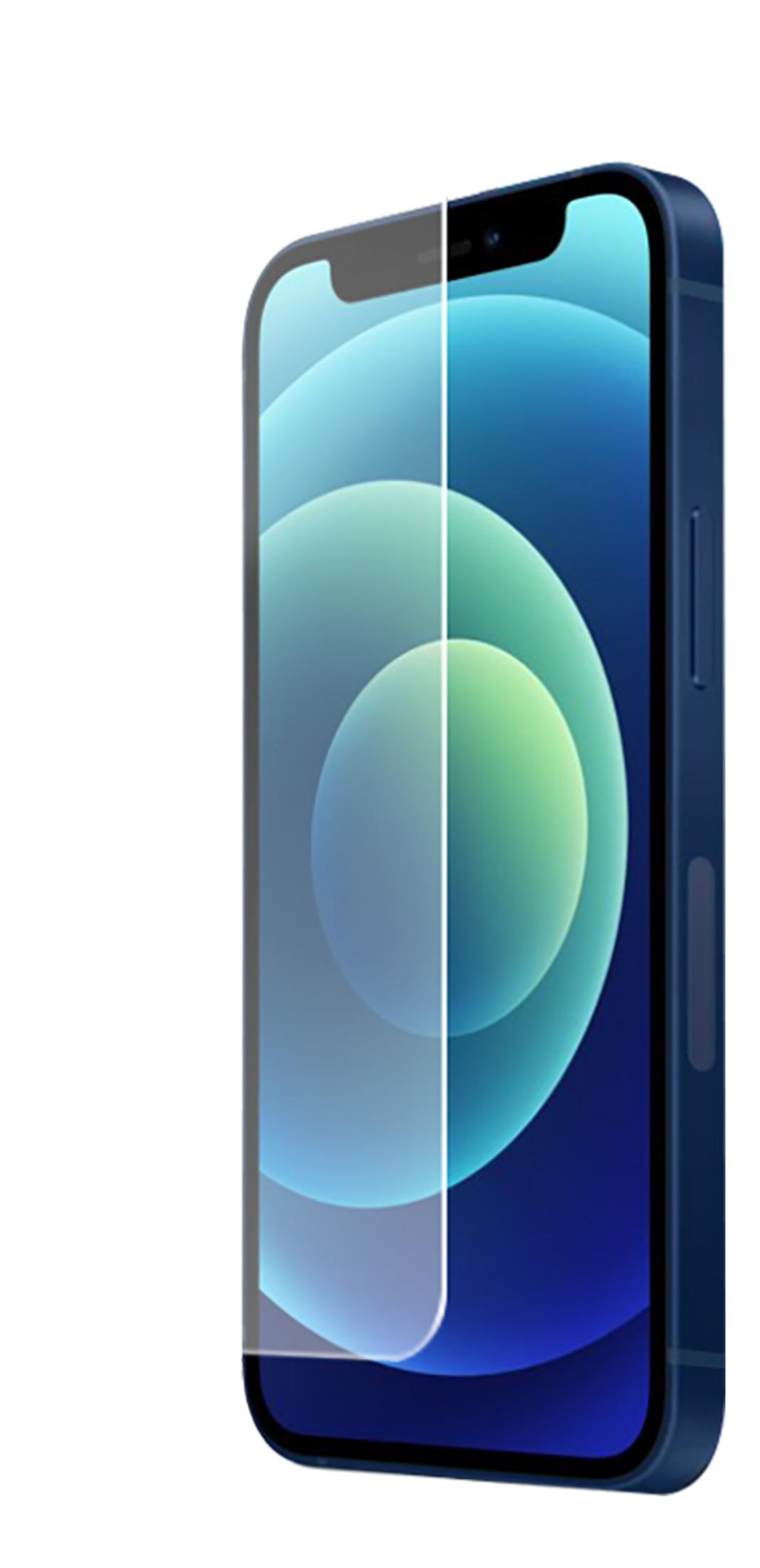 Een blauwe smartphone met een schermprotector op het display.
