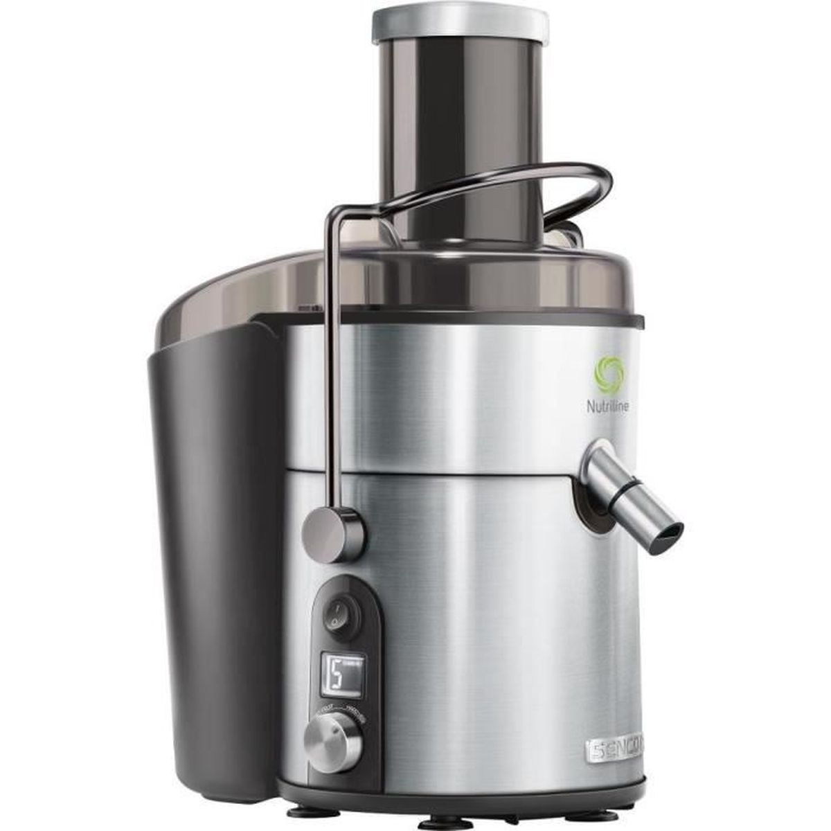 Centrifuga moderna argento con contenitore nero e display digitale.