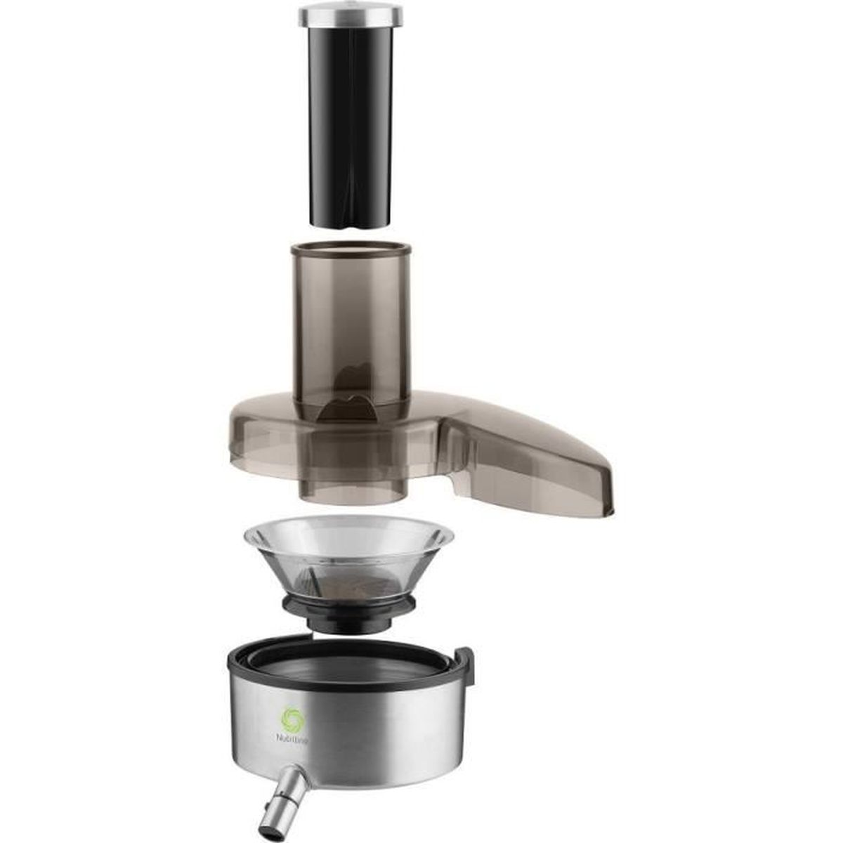 Centrifuga smontata: contenitore nero, imbuto trasparente e base in acciaio inox.