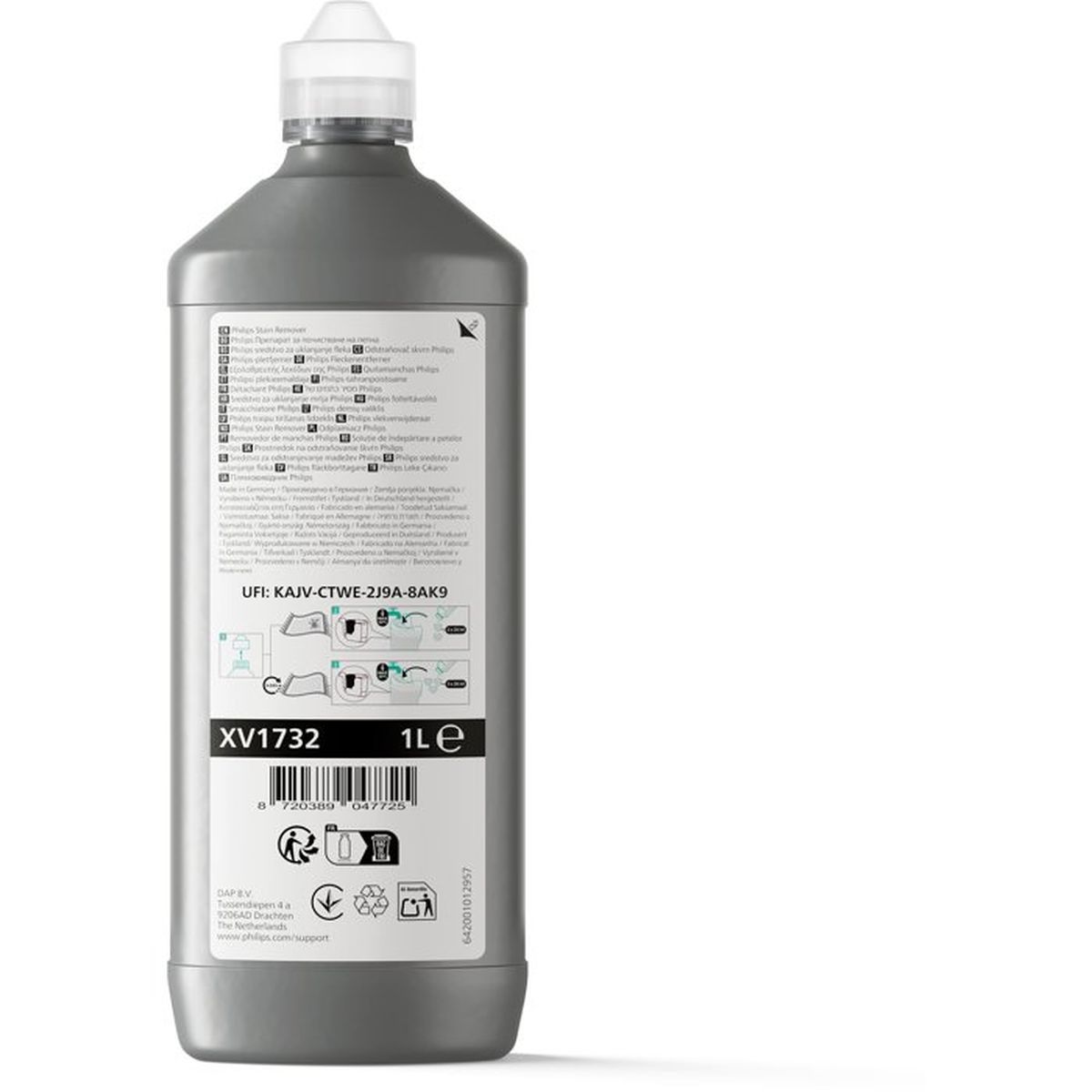 Graue Flasche mit weißem Verschluss, Aufschrift mit Reinigerangaben und Symbolen.