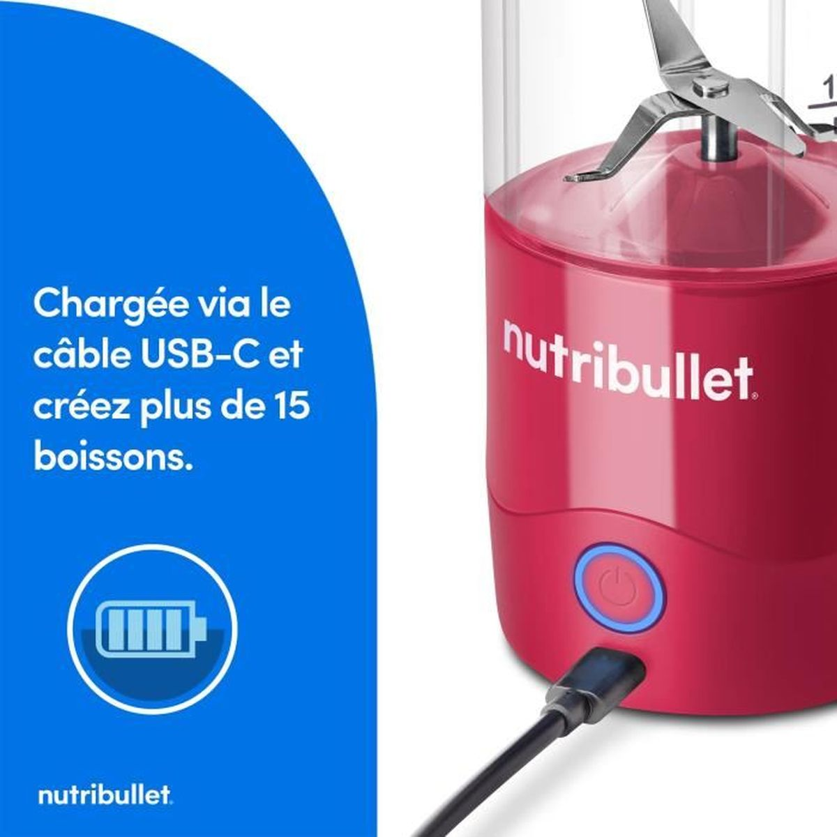 Czerwony blender Nutribullet ładuje się przez USB-C, z ikoną baterii i tekstem.