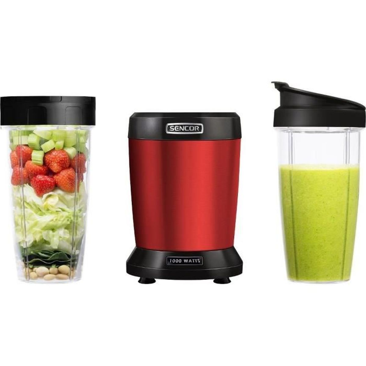 Base de licuadora Sencor roja con dos vasos; uno con frutas y verduras, uno con batido.