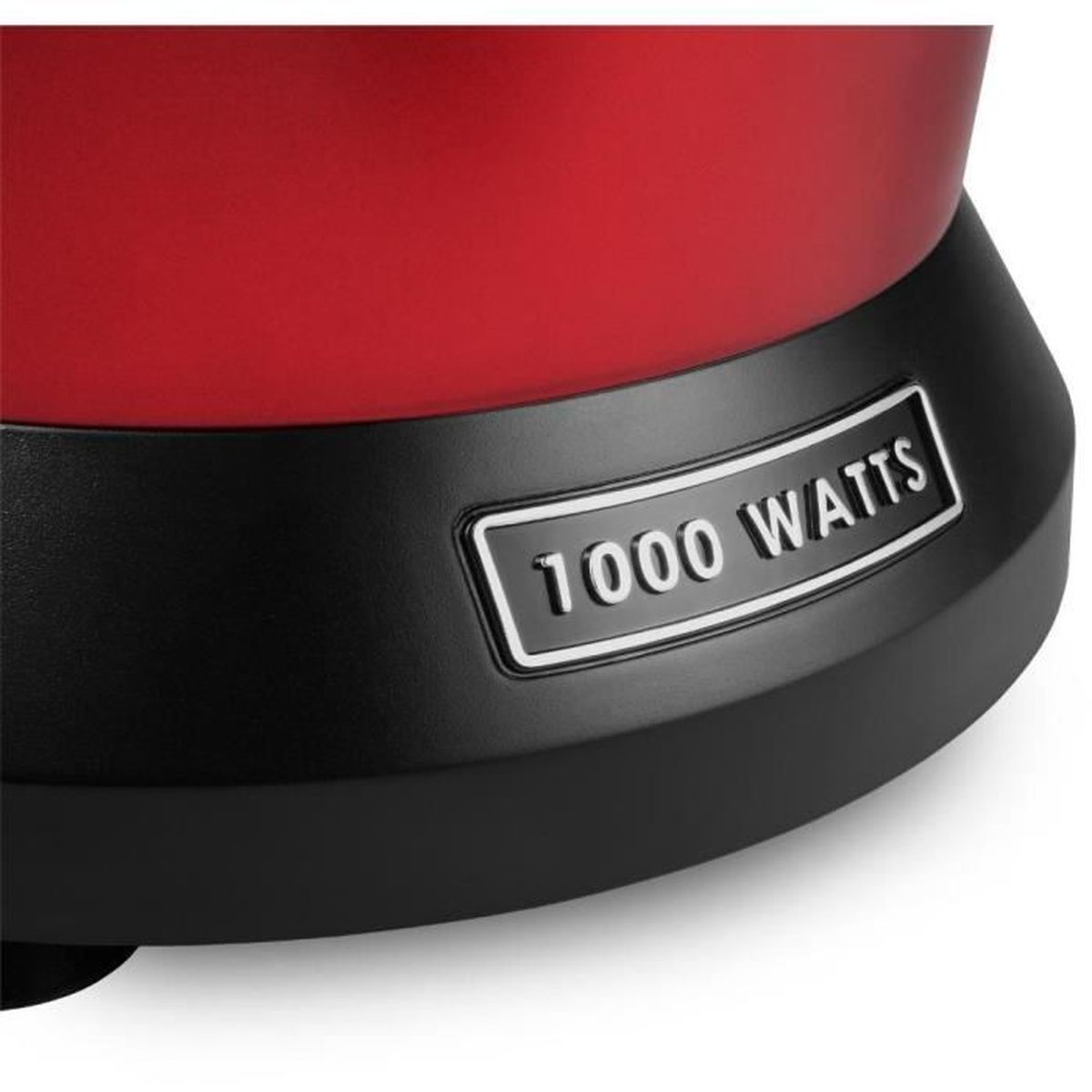 Primer plano de la base roja de un electrodoméstico con ribete negro que dice '1000 WATTS'.