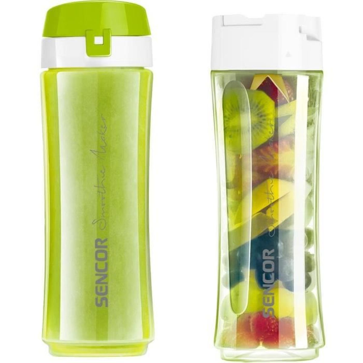 Due bottiglie SENCOR: una con smoothie verde, l'altra con pezzi di frutta.