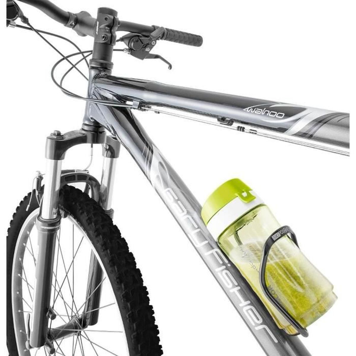 Una bicicletta grigia con una borraccia verde nel suo porta borraccia.