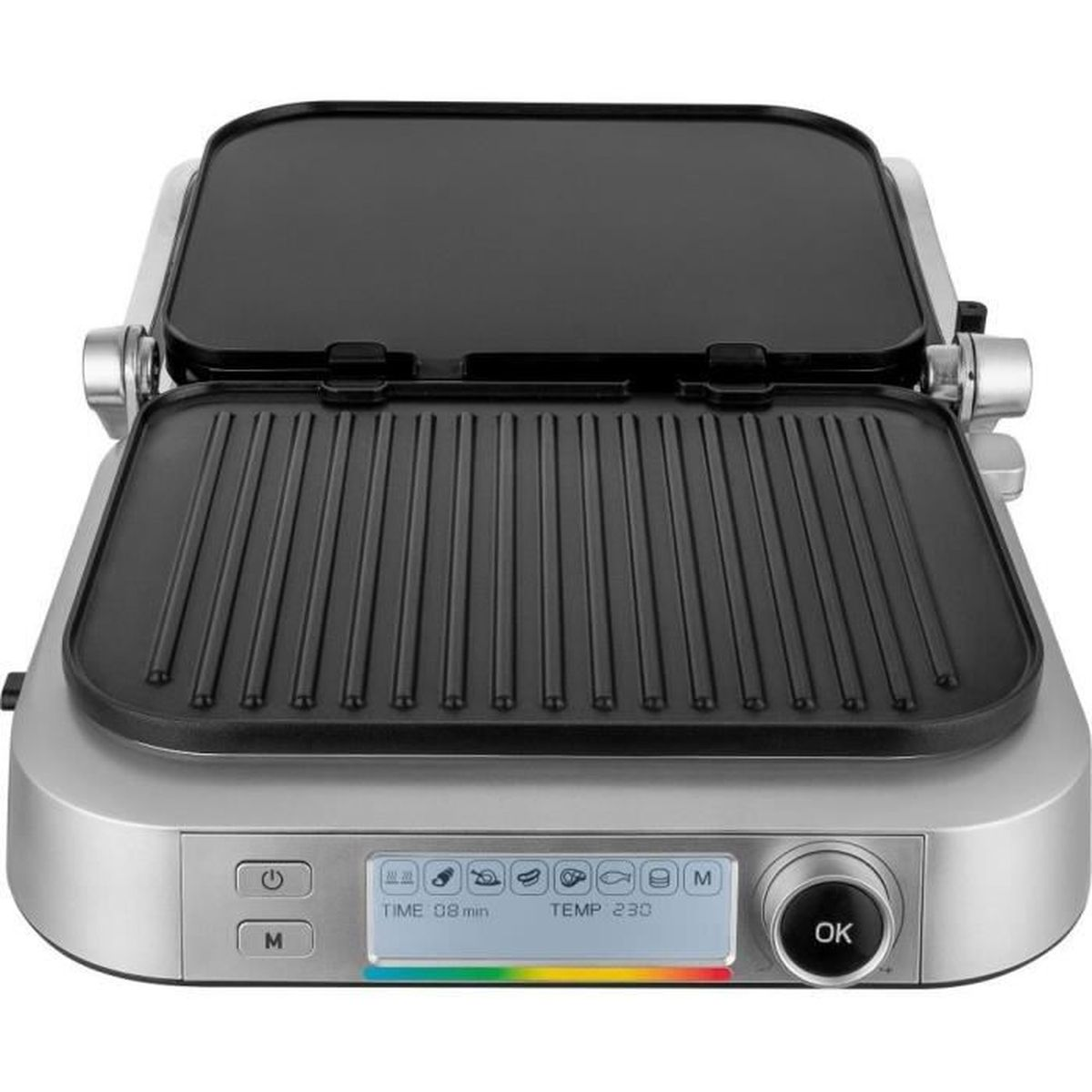 Parrilla de contacto plateada con placas acanaladas y lisas, pantalla digital.
