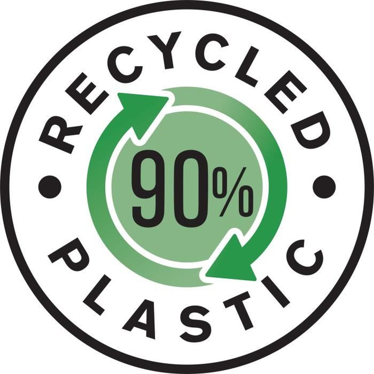 90% plastica riciclata, etichetta circolare di riciclo.