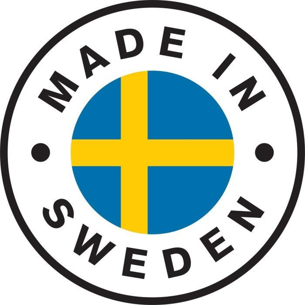 Sigillo con bandiera svedese e testo 'Made in Sweden'.