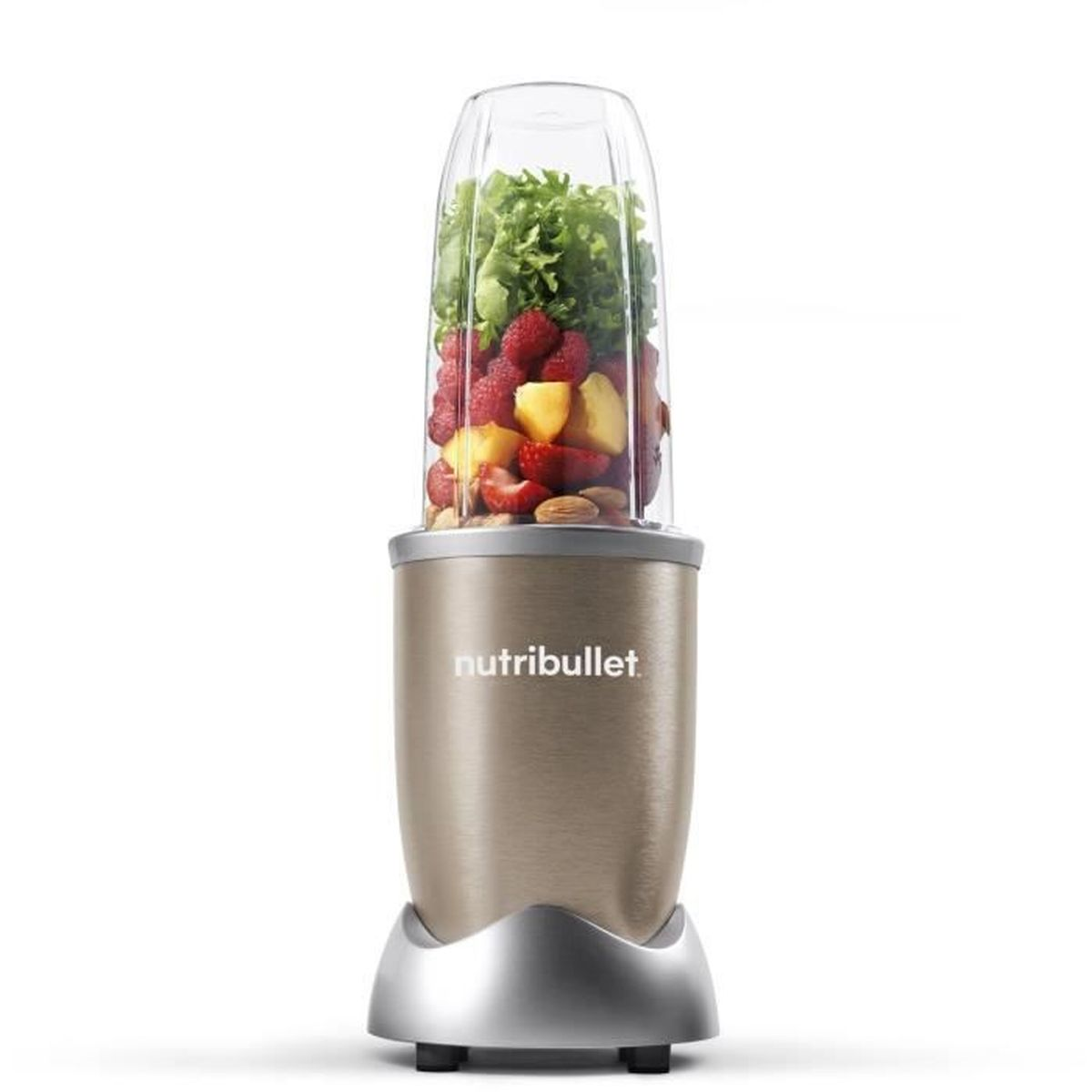 Un frullatore Nutribullet con frutta e verdura nel bicchiere.