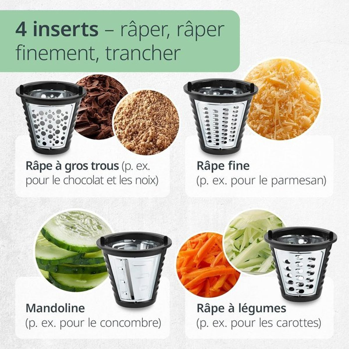 Vier Einsätze: grob reiben, fein reiben, schneiden. Mit Schokolade, Parmesan, Gurken, Karotten.