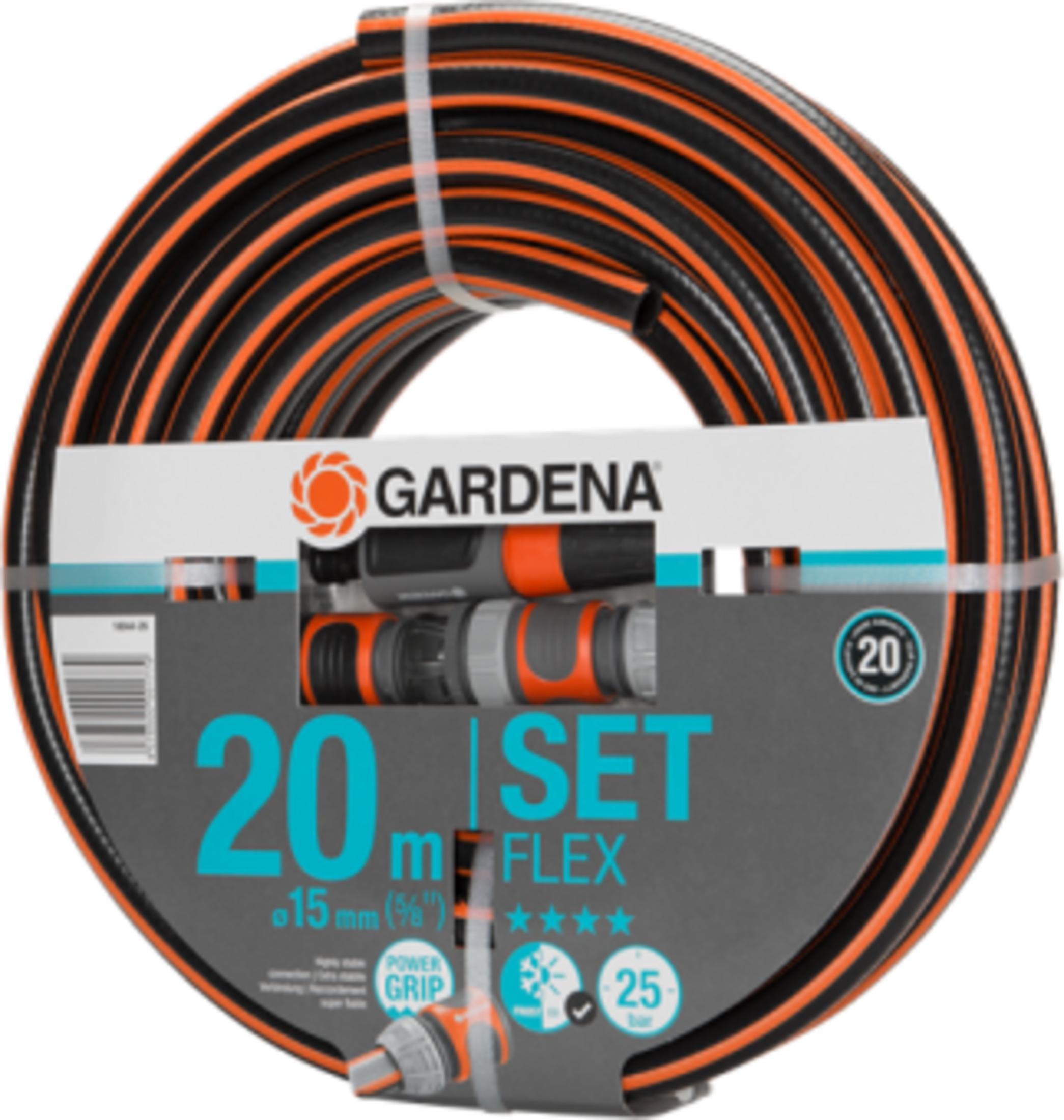 Gartenschlauch-Set von Gardena, 20m lang, schwarz-orange, 15mm Durchmesser.