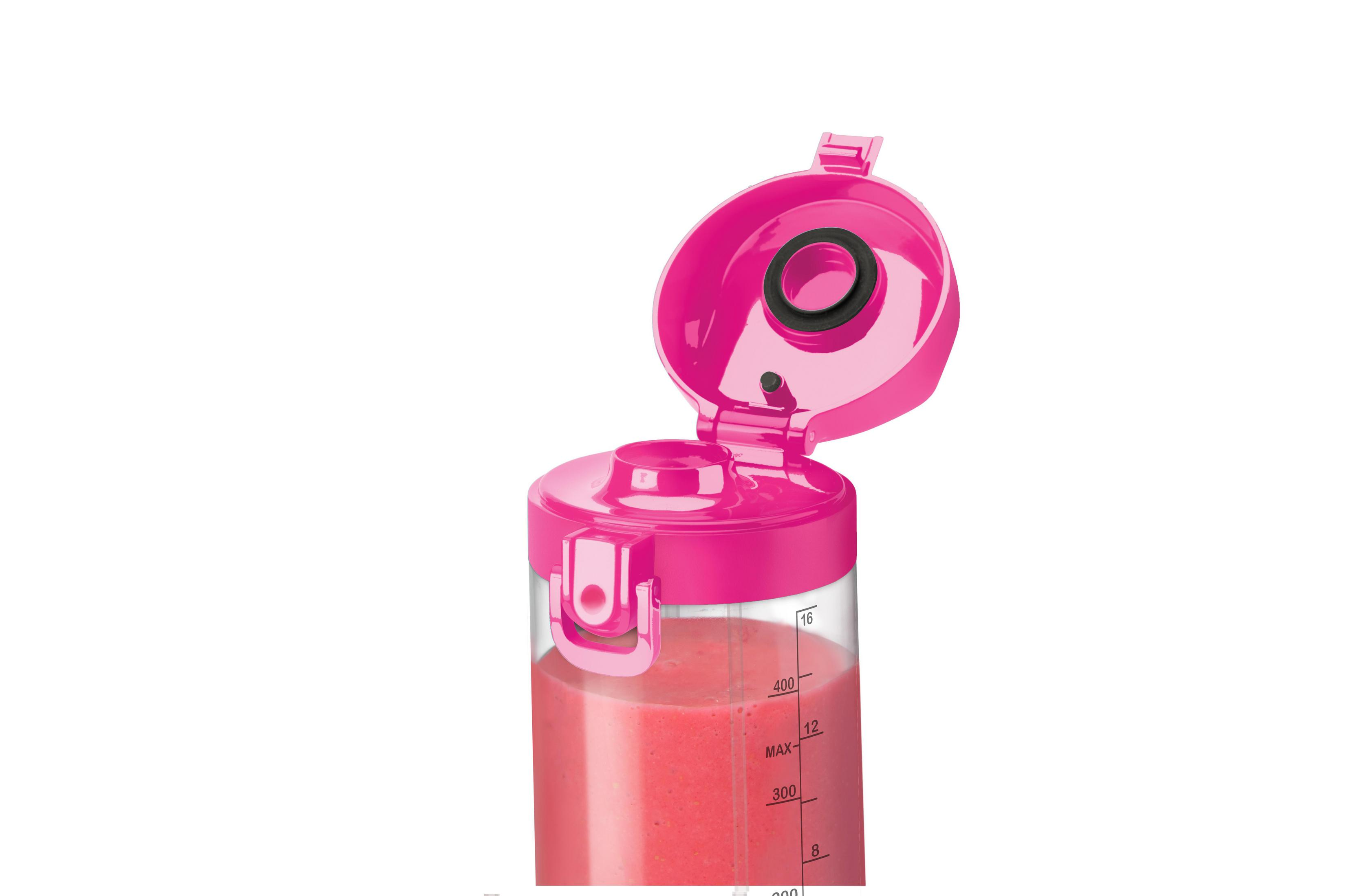 Różowa butelka blendera z otwartą pokrywką, wypełniona czerwonym smoothie.