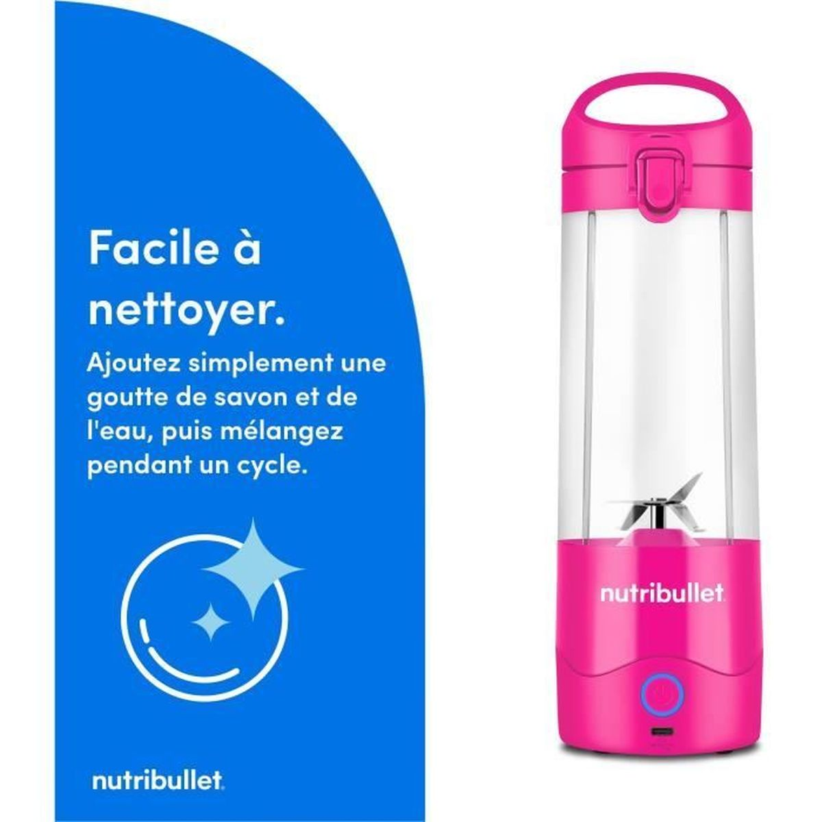 Różowy przenośny blender z przezroczystym pojemnikiem i srebrnymi ostrzami.