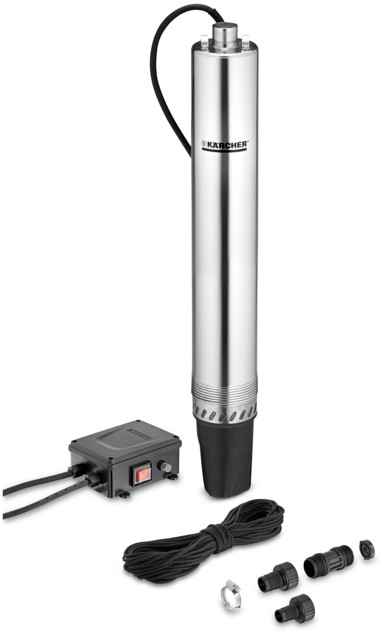Bomba sumergible de acero inoxidable con unidad de control negra, cable y accesorios.