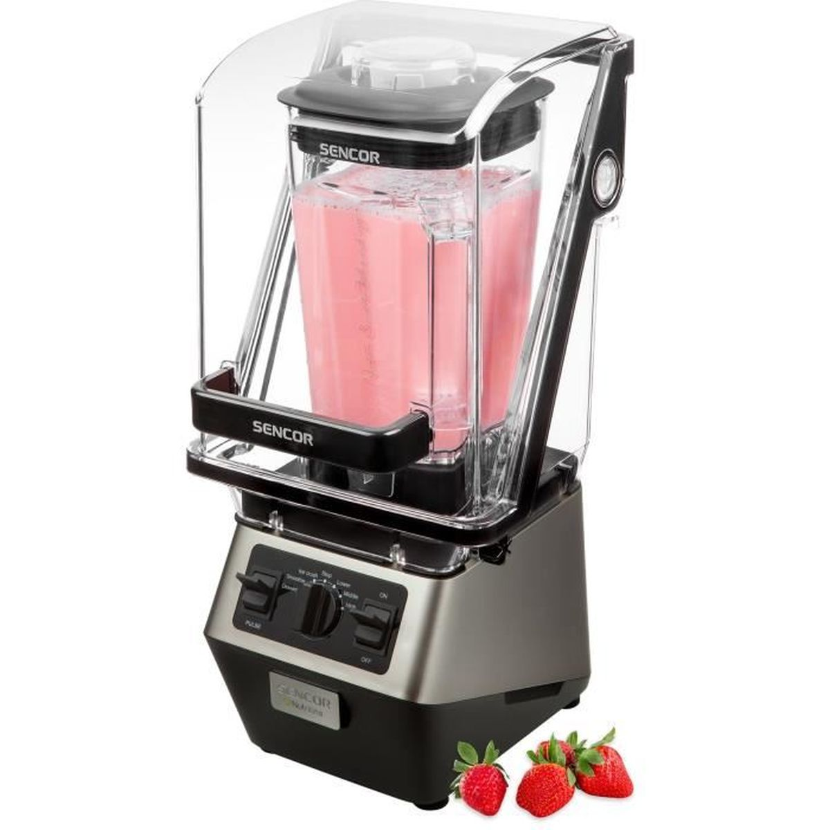 Un frullatore SENCOR con frullato rosa e tre fragole su sfondo bianco.