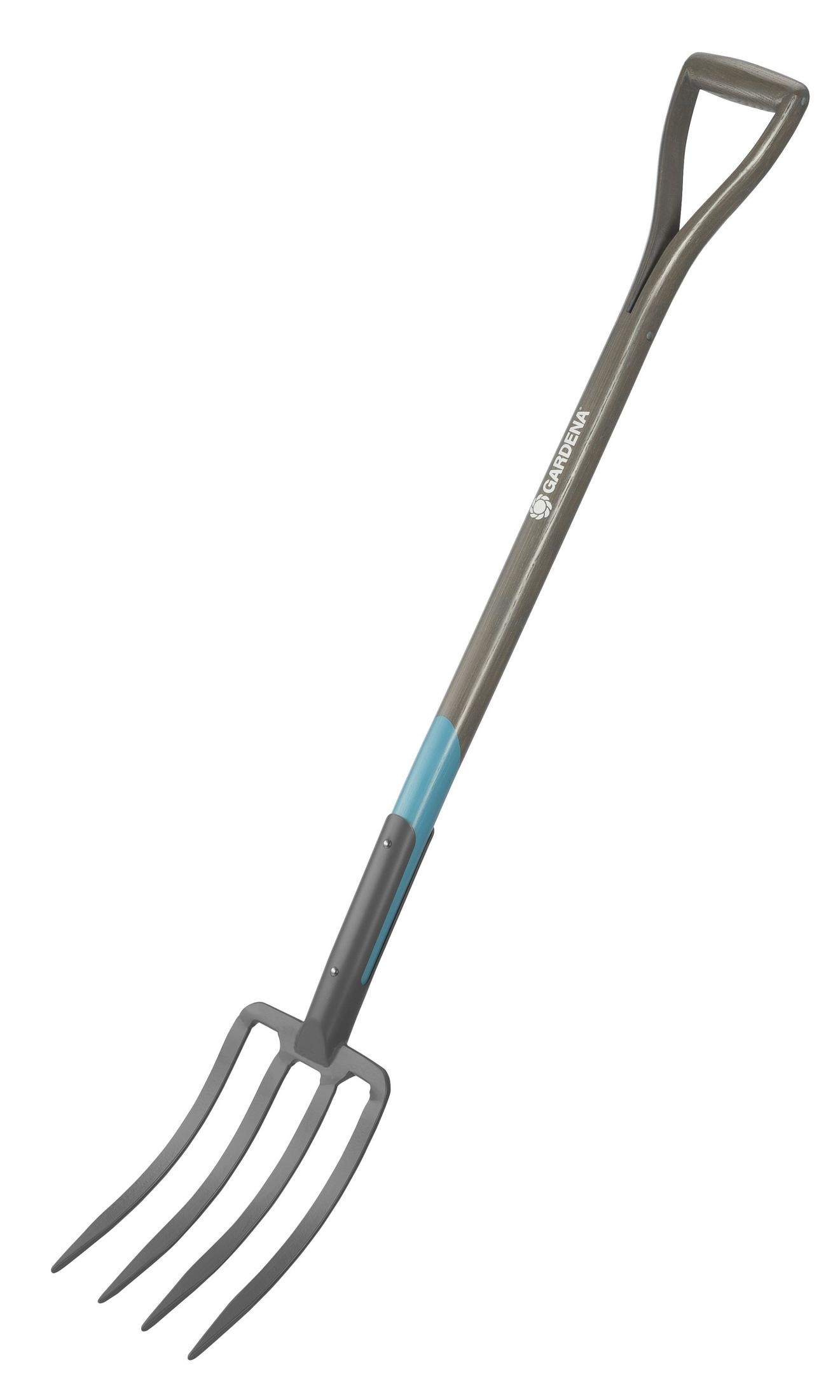 Una forca da giardino grigia a quattro rebbi con manico ergonomico.