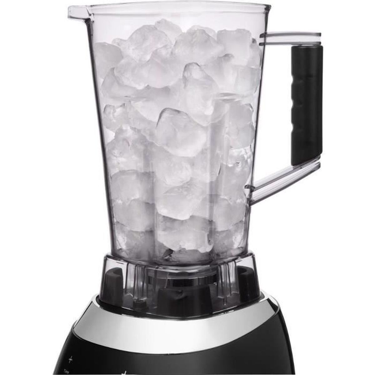 A blender with a clear pitcher filled with ice cubes.