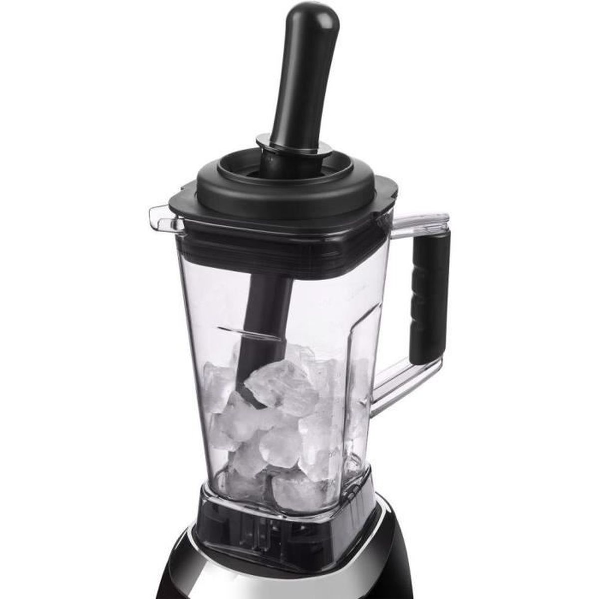 A blender with ice cubes in a clear jug, black lid, and tamper.