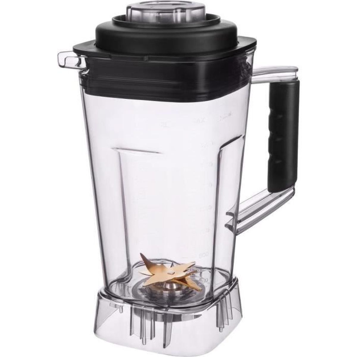 A clear blender jar with black lid and handle, showing blades inside.