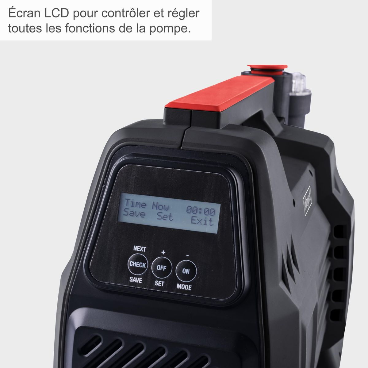 Zwarte pomp met LCD-scherm en bedieningsknoppen.