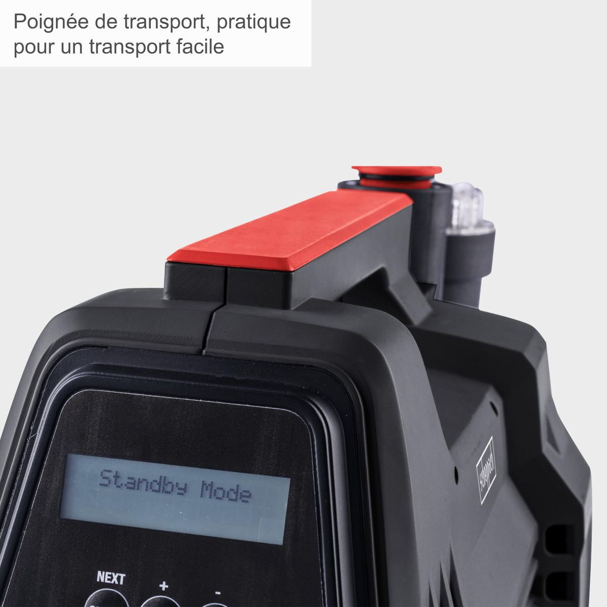 Zwart apparaat met rood handvat en "Standby Mode" display.