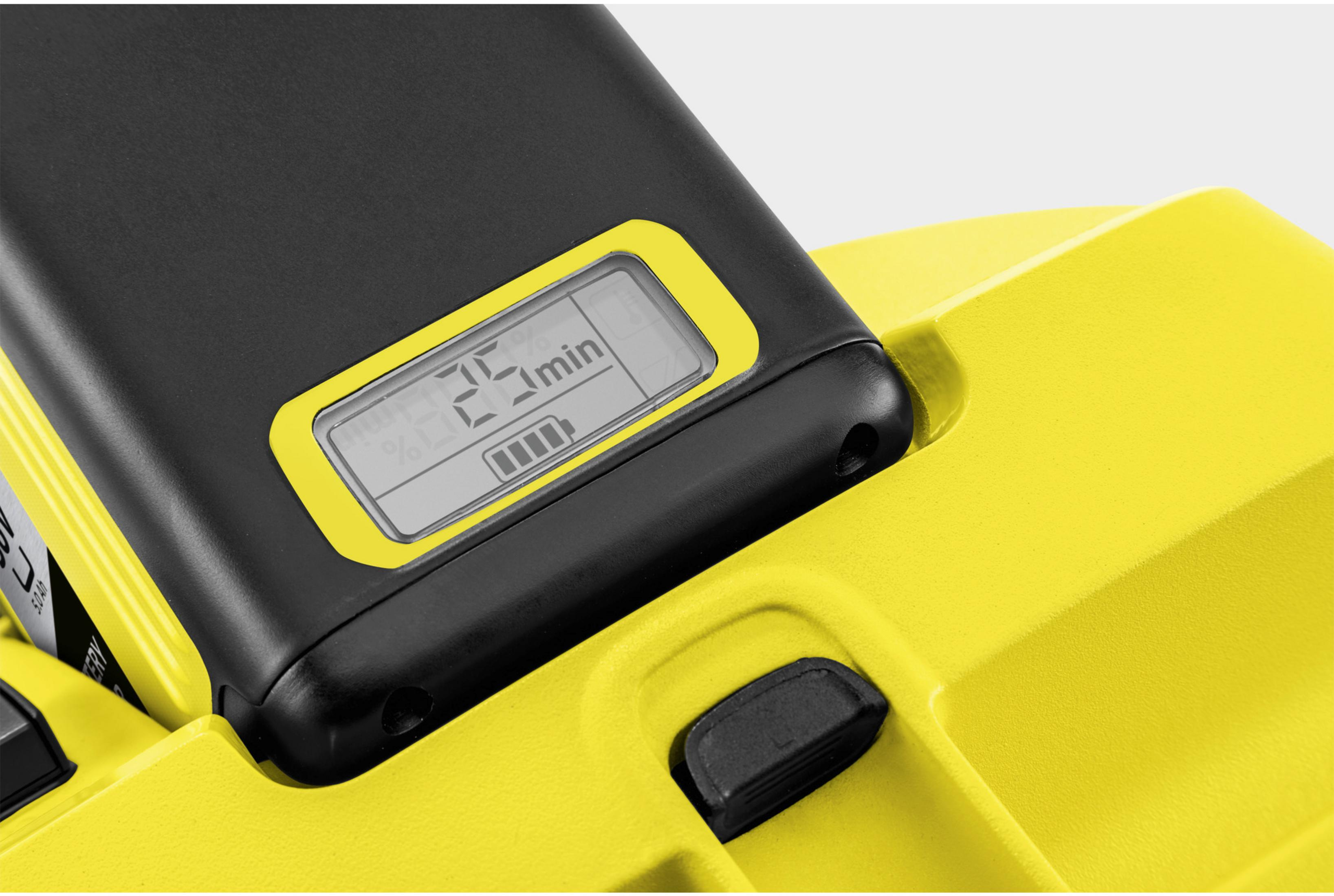 Appareil jaune avec écran de batterie noir indiquant 25 minutes et 4 barres.