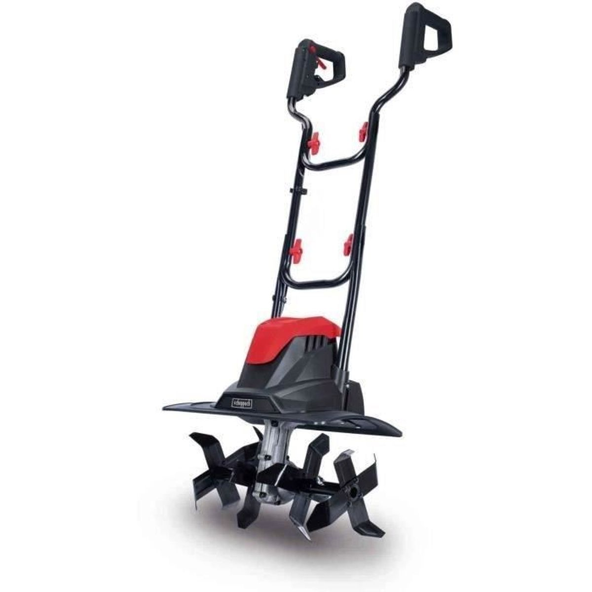 Un motocoltivatore nero e rosso con lame rotanti su sfondo bianco.