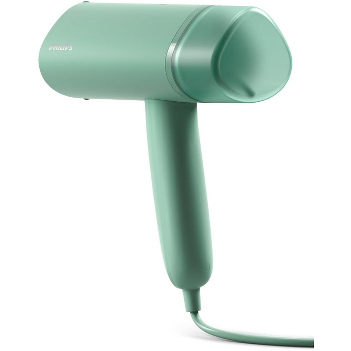 Turkusowa ręczna parownica Philips ze sznurkiem, na białym tle.