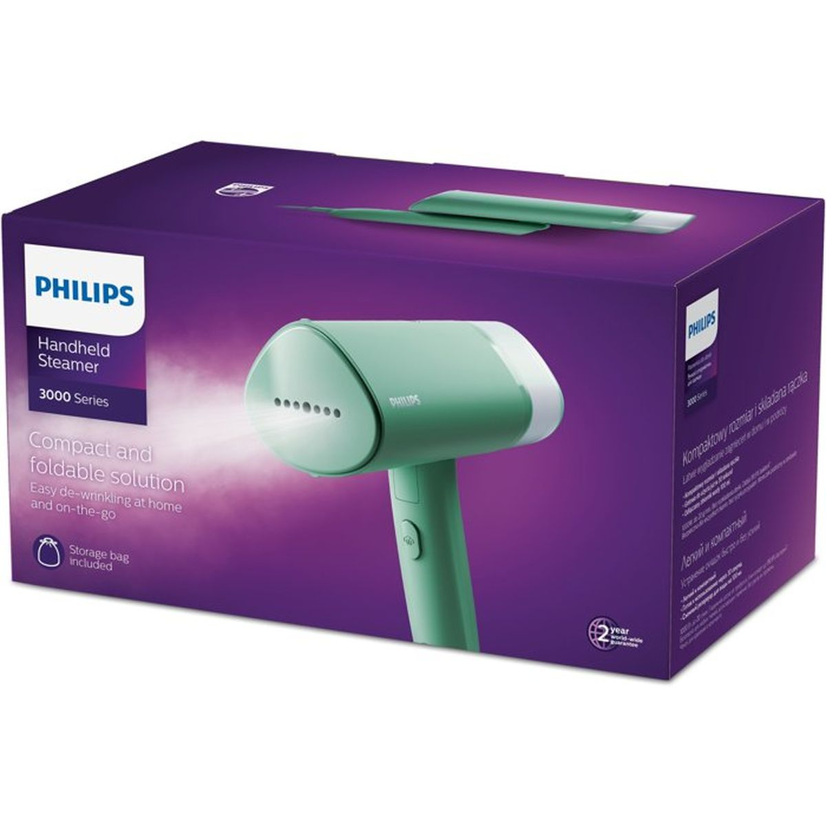 Pudełko zielonego Philips Handheld Steamer 3000 Series z parą.