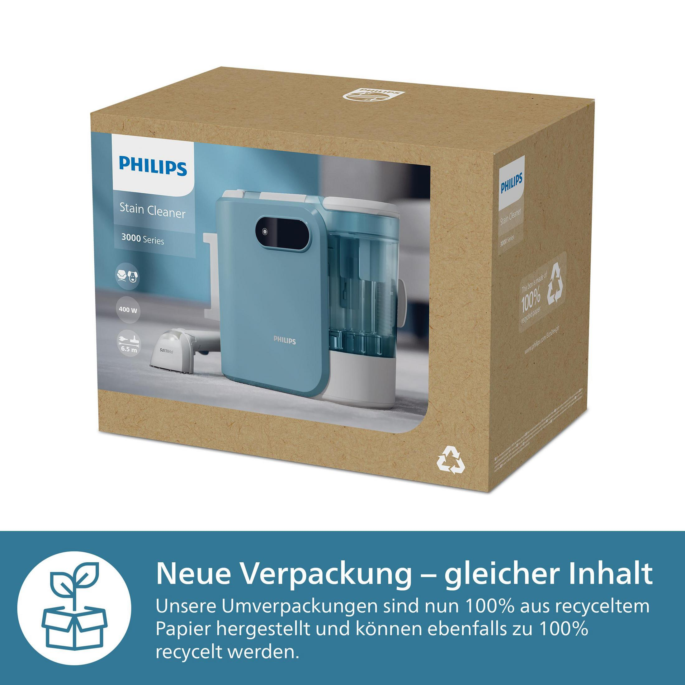 Nettoyeur de taches Philips Série 3000 bleu et blanc sur boîte carton.
