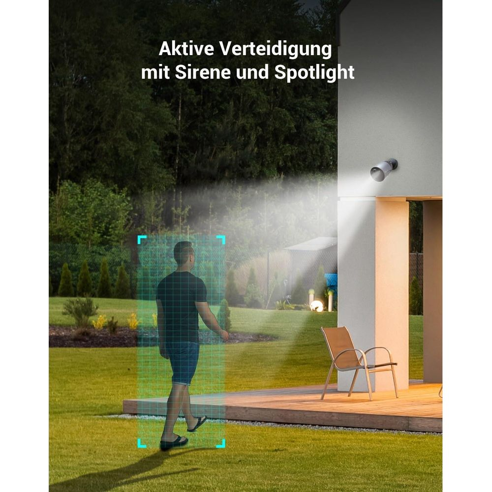 Mężczyzna w ogrodzie pod aktywną obroną z syreną i reflektorem.