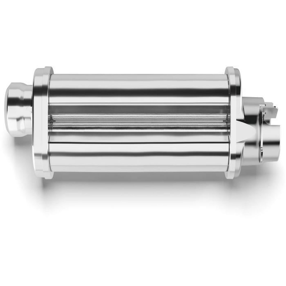 Ein silberner Nudelaufsatz mit glänzender Metalloberfläche, Nahaufnahme.