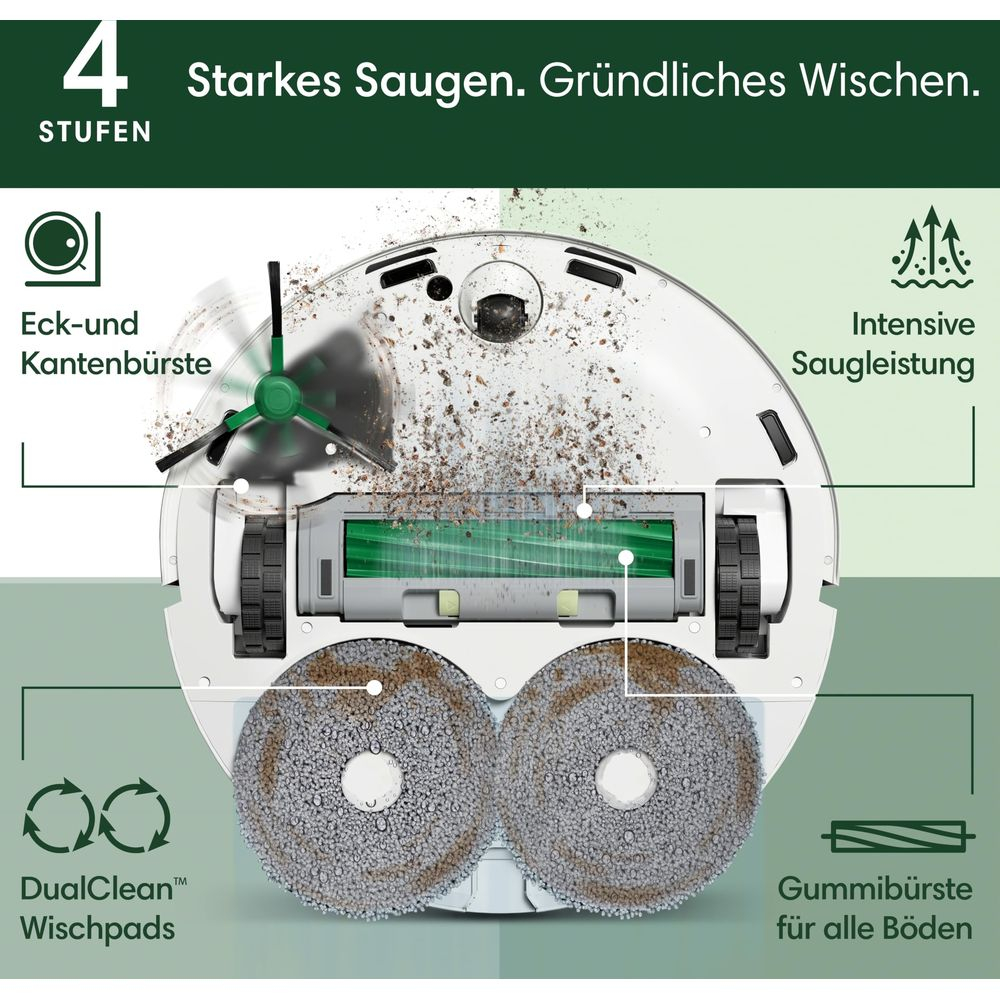 Odkurzacz automatyczny z szczotkami bocznymi, wałkiem gumowym, padami do mopowania i brudem.