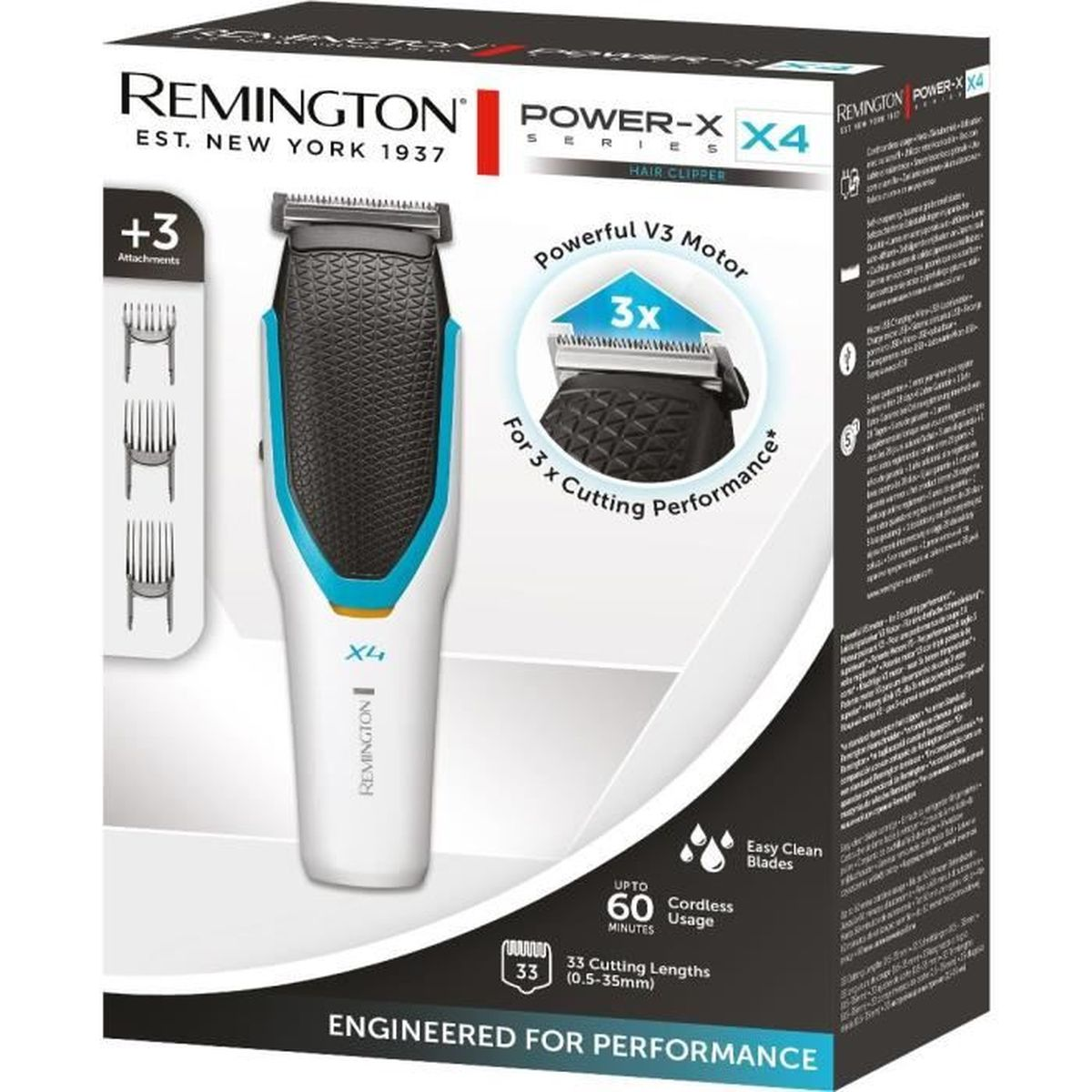 Confezione di un tagliacapelli Remington con accessori e dettagli tecnici.