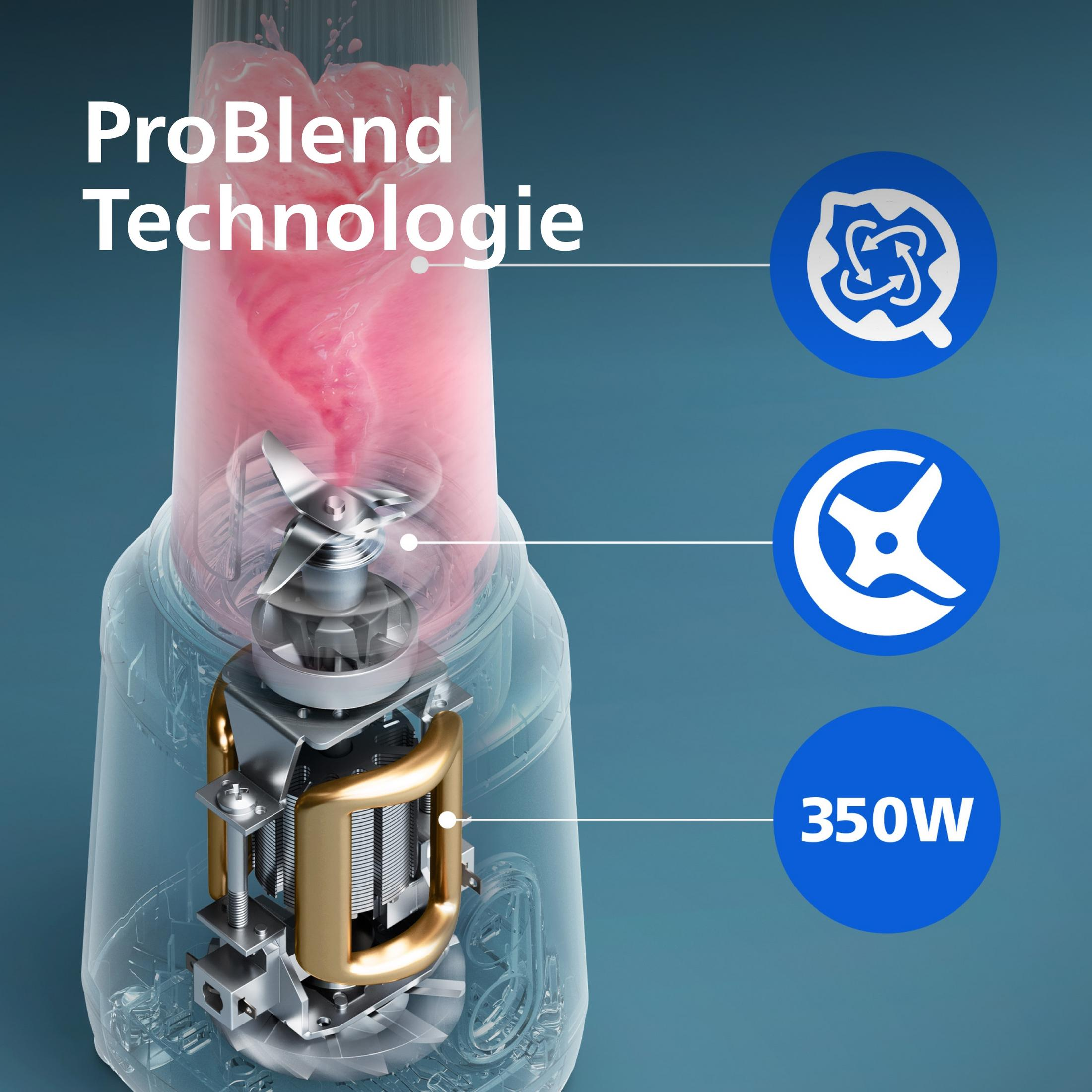 Ein Mixer mit rosa Flüssigkeit und technischen Symbolen.