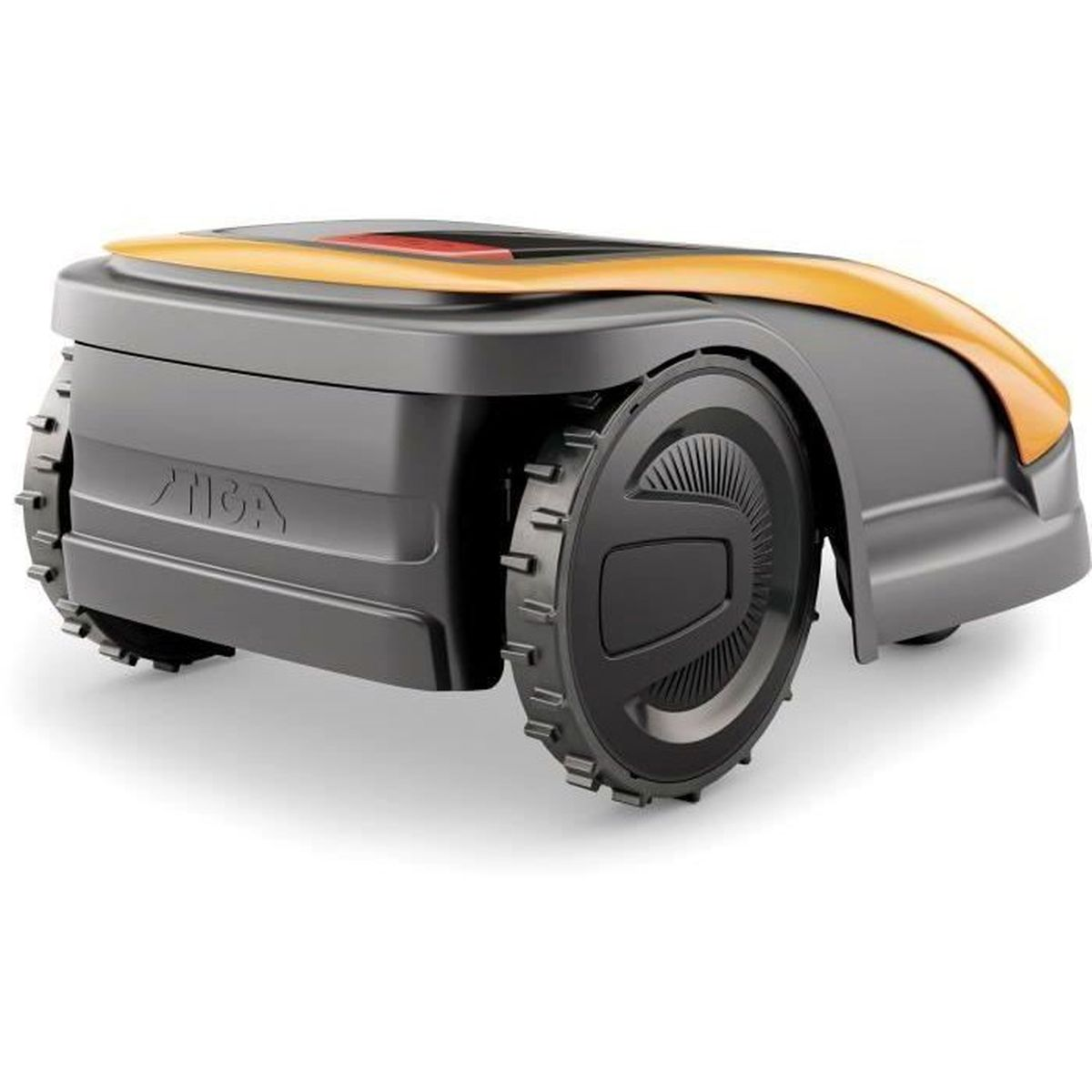 Un tosaerba robot grigio e arancione con ruote grandi.